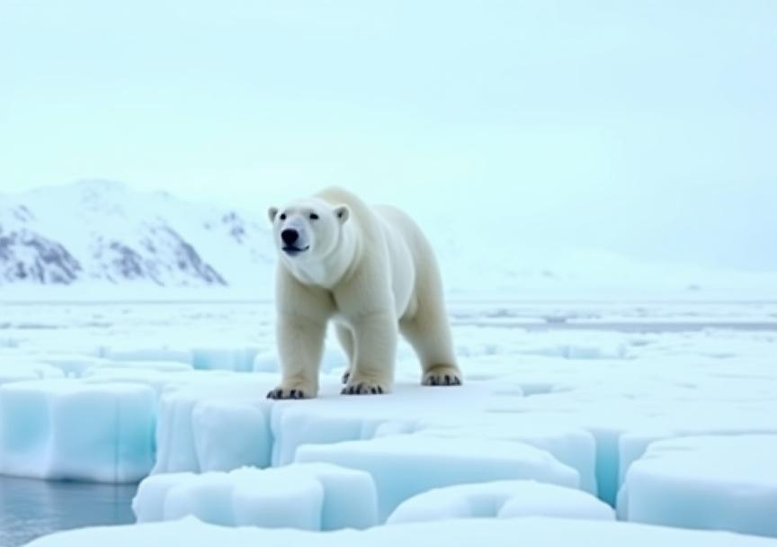 A majestic polar bear standing on an ice floe in Svalbard, bathed in golden light