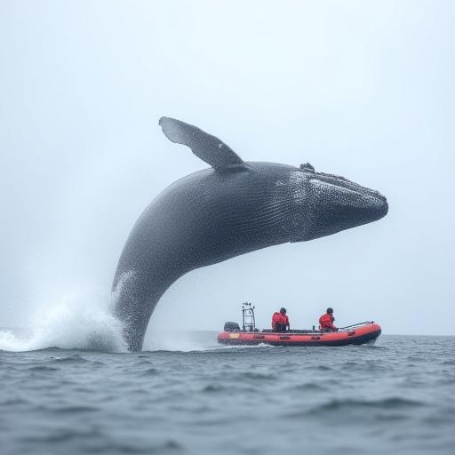 A humpback whale breaching out of the water near a Zodiac boat in the Arctic
