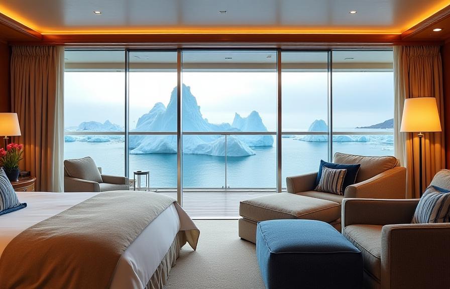 An opulent, spacious balcony suite onboard the Aurora Explorer with panoramic ocean views